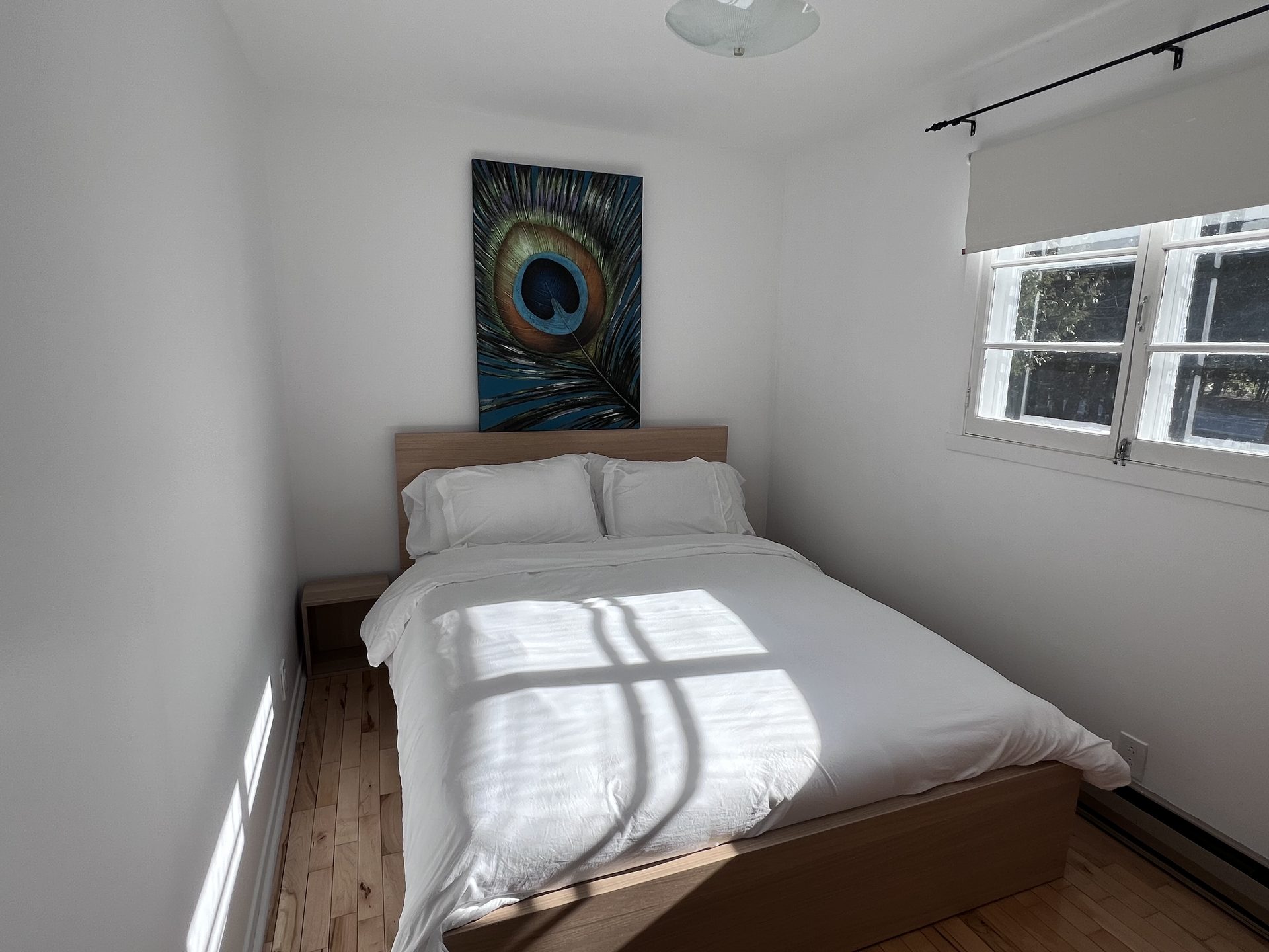Queen bedroom with peacock art